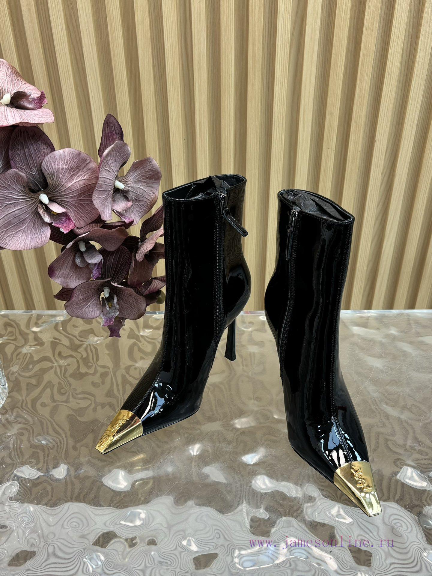 Top Quality Saint Laurent/Saint Laurent Lee Metal Steel Toe YSL Letter High-heeled Mid Leg Boot 0etwaf72 - Image 6