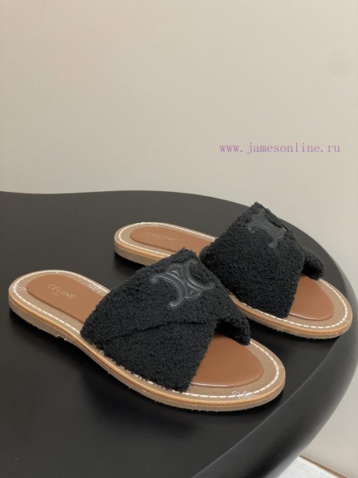 -Top Quality25ss Spring/Summer New CELINE LYMPIA Twisted Plush Slippers Triumphal Arch Plush Fa nb0k3fei