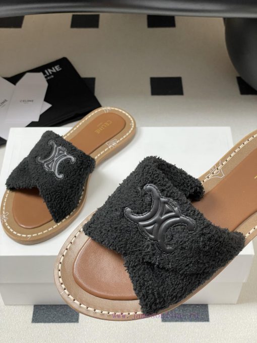 -Top Quality25ss Spring/Summer New CELINE LYMPIA Twisted Plush Slippers Triumphal Arch Plush Fa nb0k3fei - Image 10