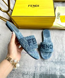 FENDI's Latest Hot Item Wide Lace Flat Slippers Imitation Old Blue Denim Material With Stitched mkmien62