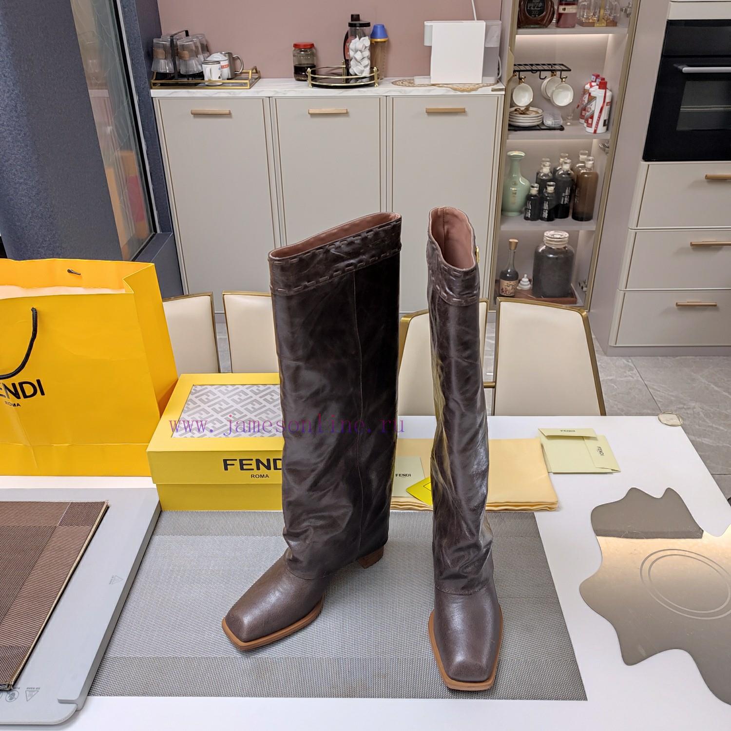 Wooden Grain Thick Heeled Pants Boots/square Toe Single ShoesFendi Top-level Version Recognizes 68v4ue4t - Image 2