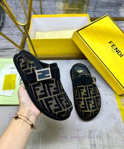 FENDI's Latest Popular Half Pack Slippers With FF Decorative Buckle Brown Denim Material Decora s0zencp4
