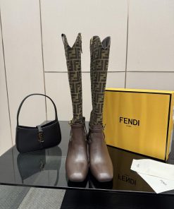 FENDI Delfina Leather High-heeled BootsRound Headed Leather Delfina Boots Featuring FF Jacquard velacl12
