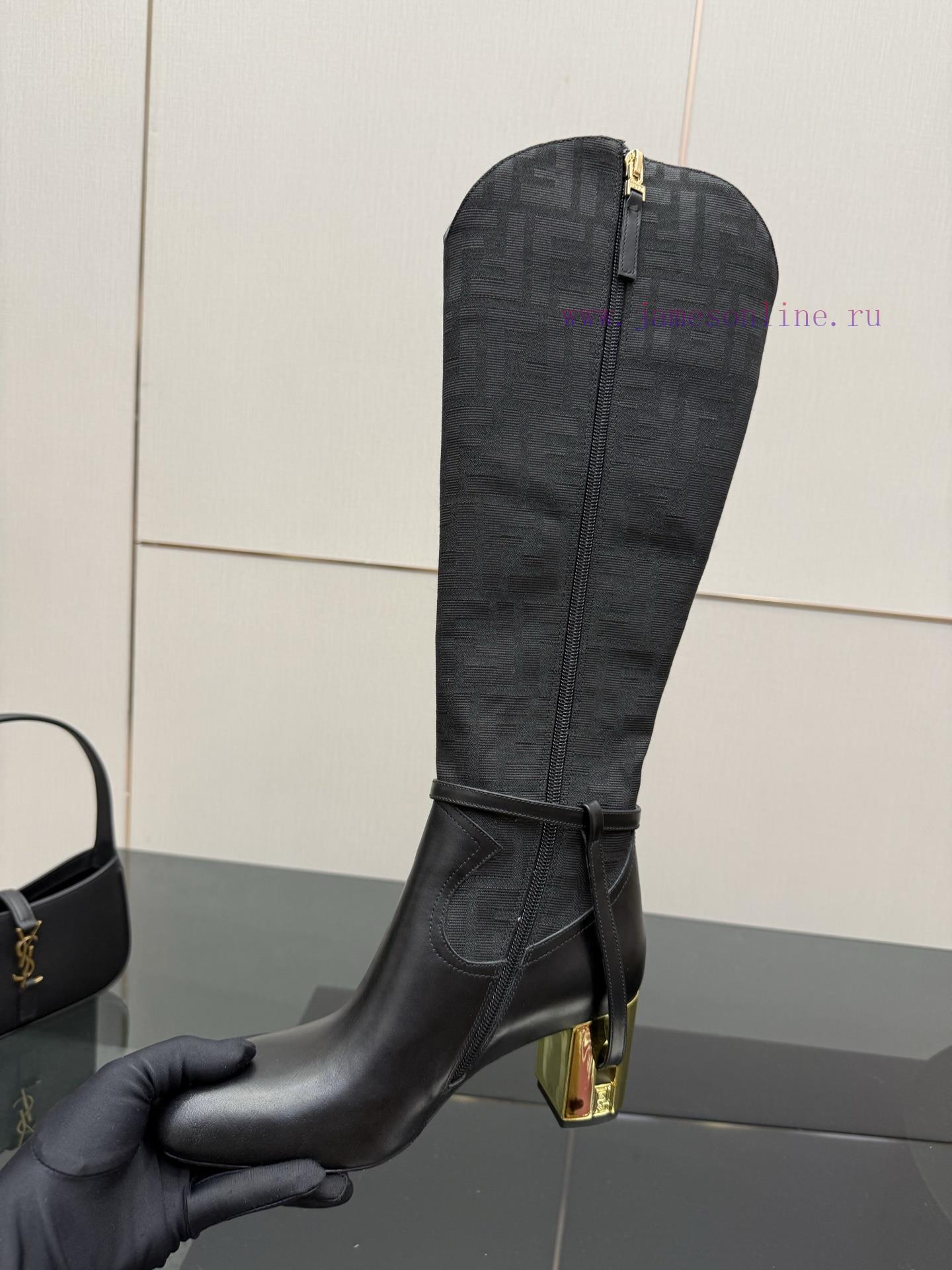 FENDI Delfina Leather High-heeled BootsRound Headed Leather Delfina Boots Featuring FF Jacquard isn6g1mw - Image 10