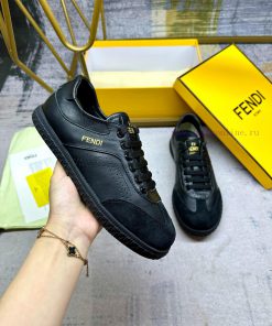 FENDI Flight Lace Up Sneakers Made Of Black Cowhide Fabric Featuring Different Types Of Texture s7l6yrmv