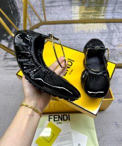 FENDI Filo Ballet Flat Shoes With Metallic Ankle Strap FF Decorative Heel Black Soft Patent Lea wsbaropv