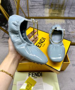FENDI Filo Ballet Flat Shoes With Metal Ankle Strap FF Decorative Heel Blue Soft Lacquer Leathe qe8uj4y8