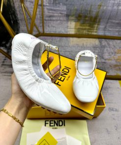 FENDI Filo Ballet Flat Shoes With Metallic Ankle Strap FF Decorative Heel White Soft Patent Lea oix21u43