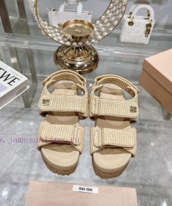 Miu Miu Two Strap Velcro Woven Thick Bottom Flat Slippers Miu Miu 2024 Spring/Summer New Slippe 8wunj9wj