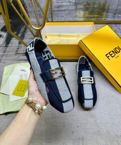 Latest FENDI Loafers Two Tone Striped Canvas Fabric Embroidered Edging Gold Buckle Sheepskin In shj4xrn4