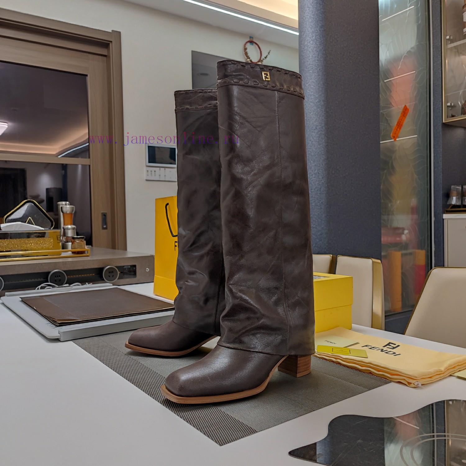 Wooden Grain Thick Heeled Pants Boots/square Toe Single ShoesFendi Top-level Version Recognizes osa0hrwy - Image 3