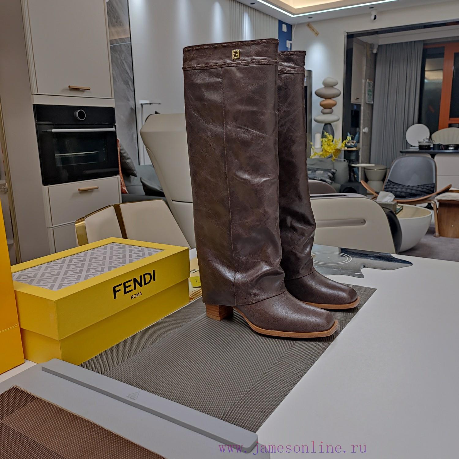 Wooden Grain Thick Heeled Pants Boots/square Toe Single ShoesFendi Top-level Version Recognizes osa0hrwy - Image 4