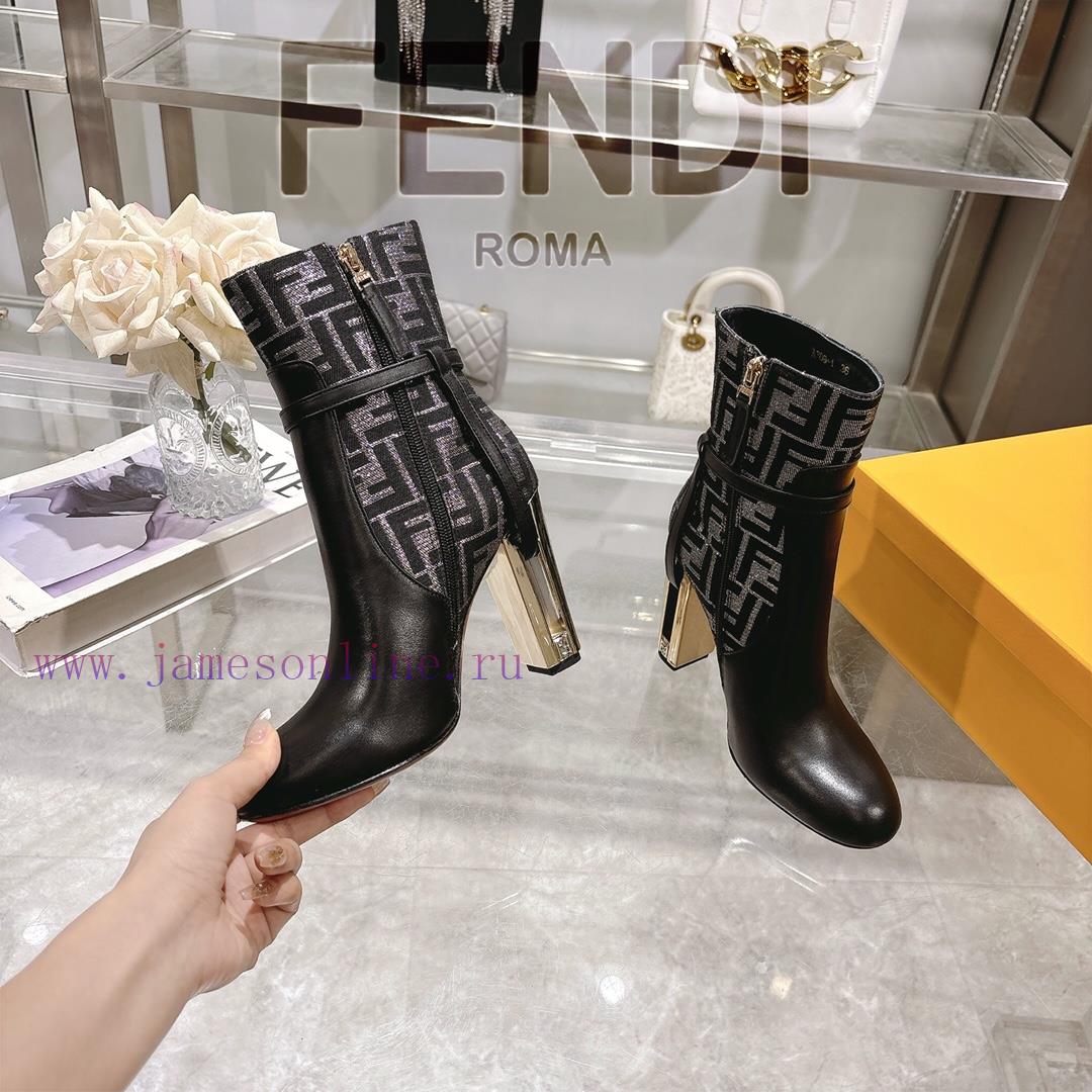 Genuine Leather Outsole2025 New Color 𝙁𝙀𝙉𝘿𝙄 | Delfina Leather High-heeled Short Boots〰 〰 〰 〰 37mry6st - Image 5