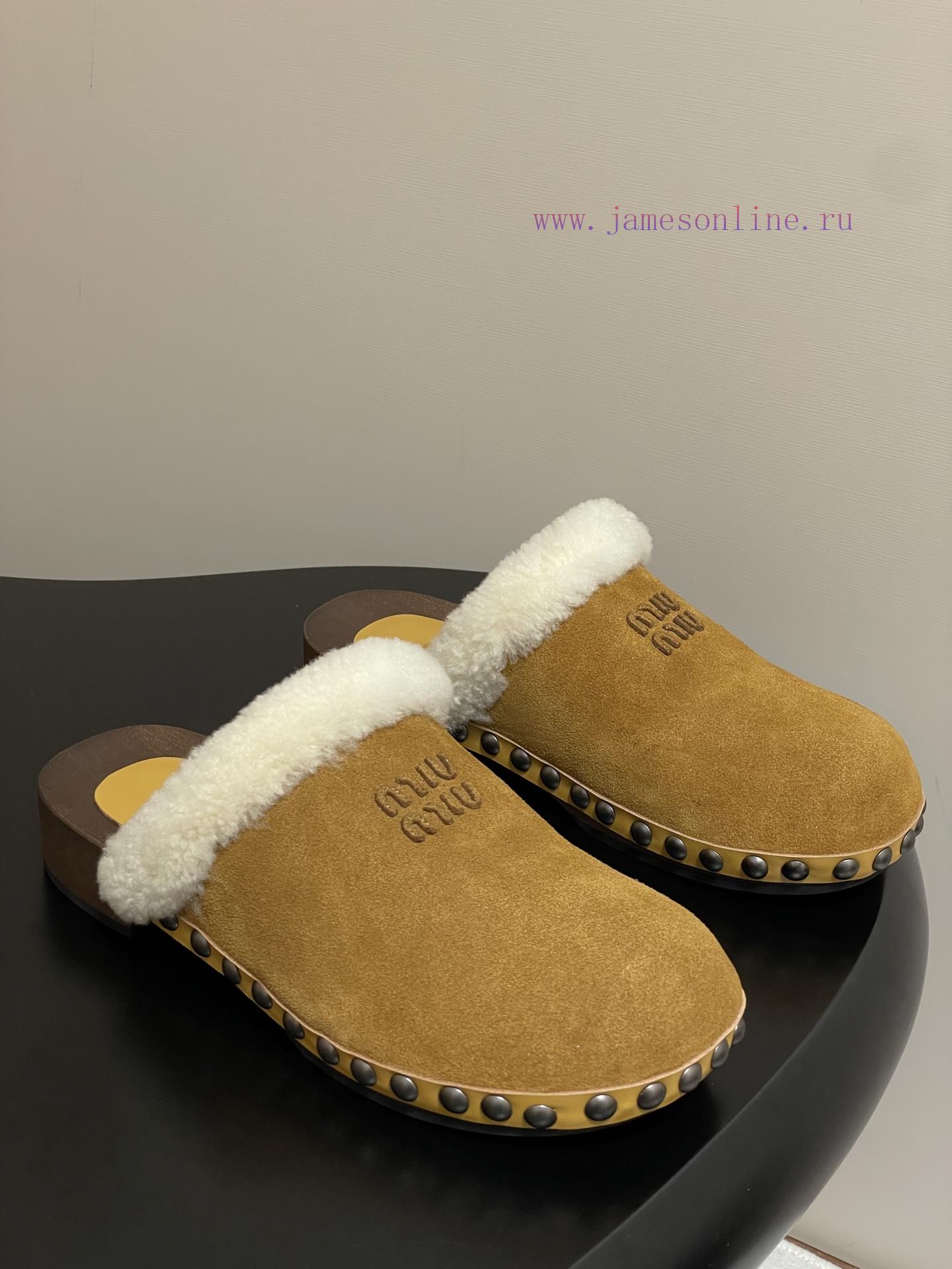 25ss Autumn/Winter Fashion MIUMIU Solid Wood Bottom Wool Half Slippers Thick Soled Mueller Shoe s153dtvq - Image 2
