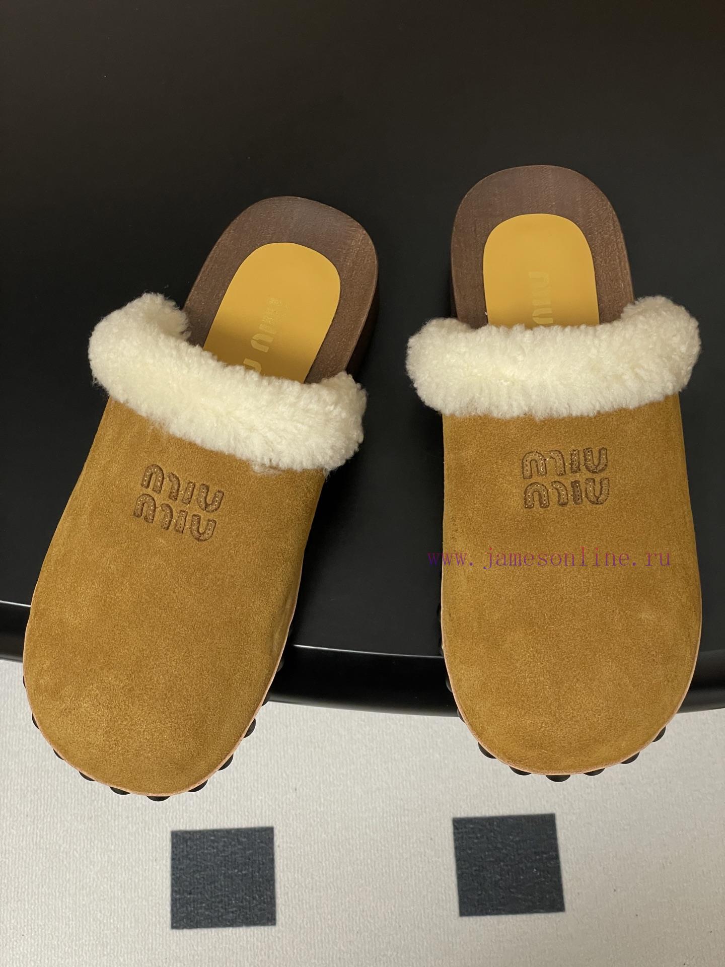 25ss Autumn/Winter Fashion MIUMIU Solid Wood Bottom Wool Half Slippers Thick Soled Mueller Shoe s153dtvq - Image 3