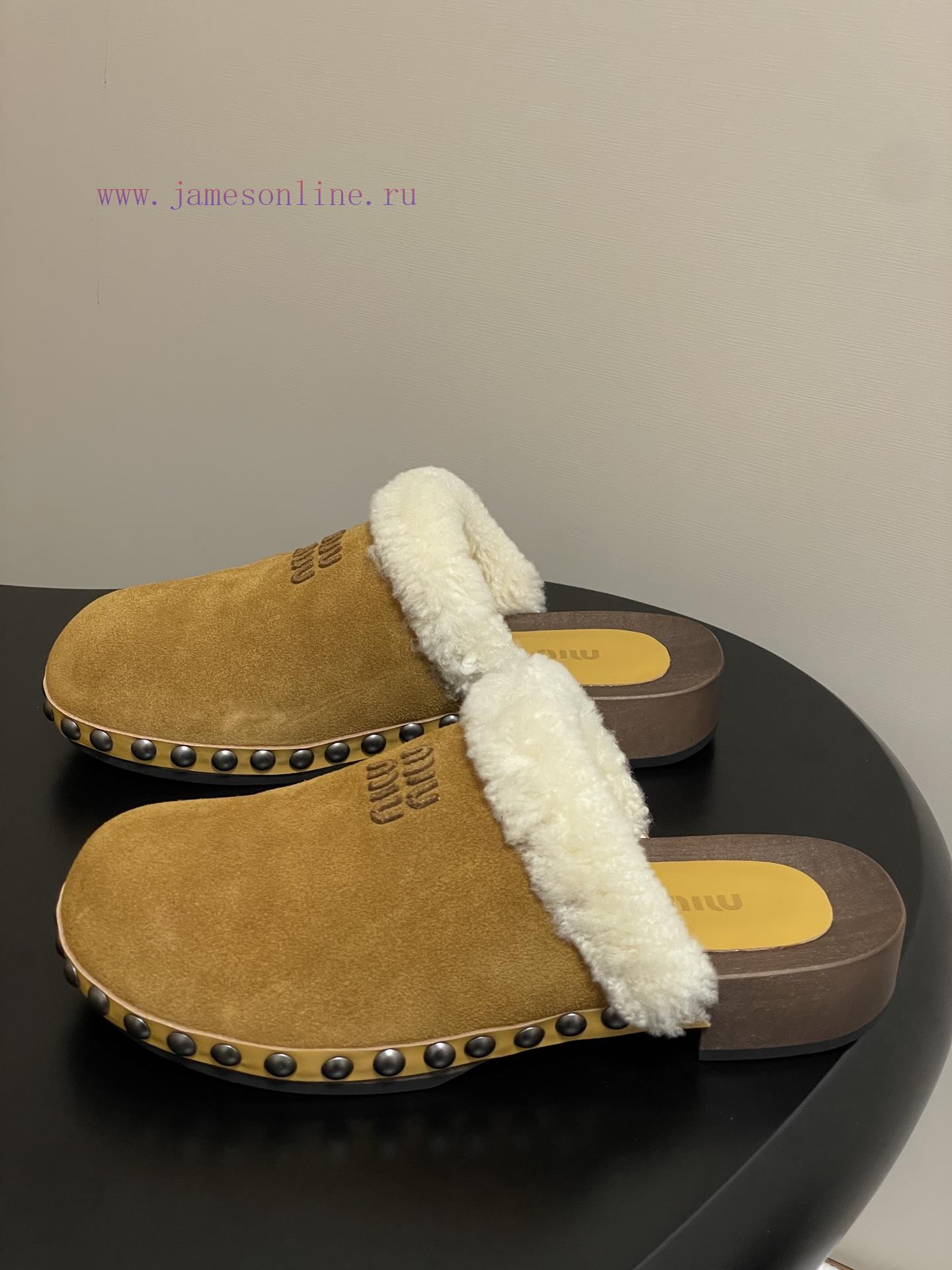 25ss Autumn/Winter Fashion MIUMIU Solid Wood Bottom Wool Half Slippers Thick Soled Mueller Shoe s153dtvq - Image 4