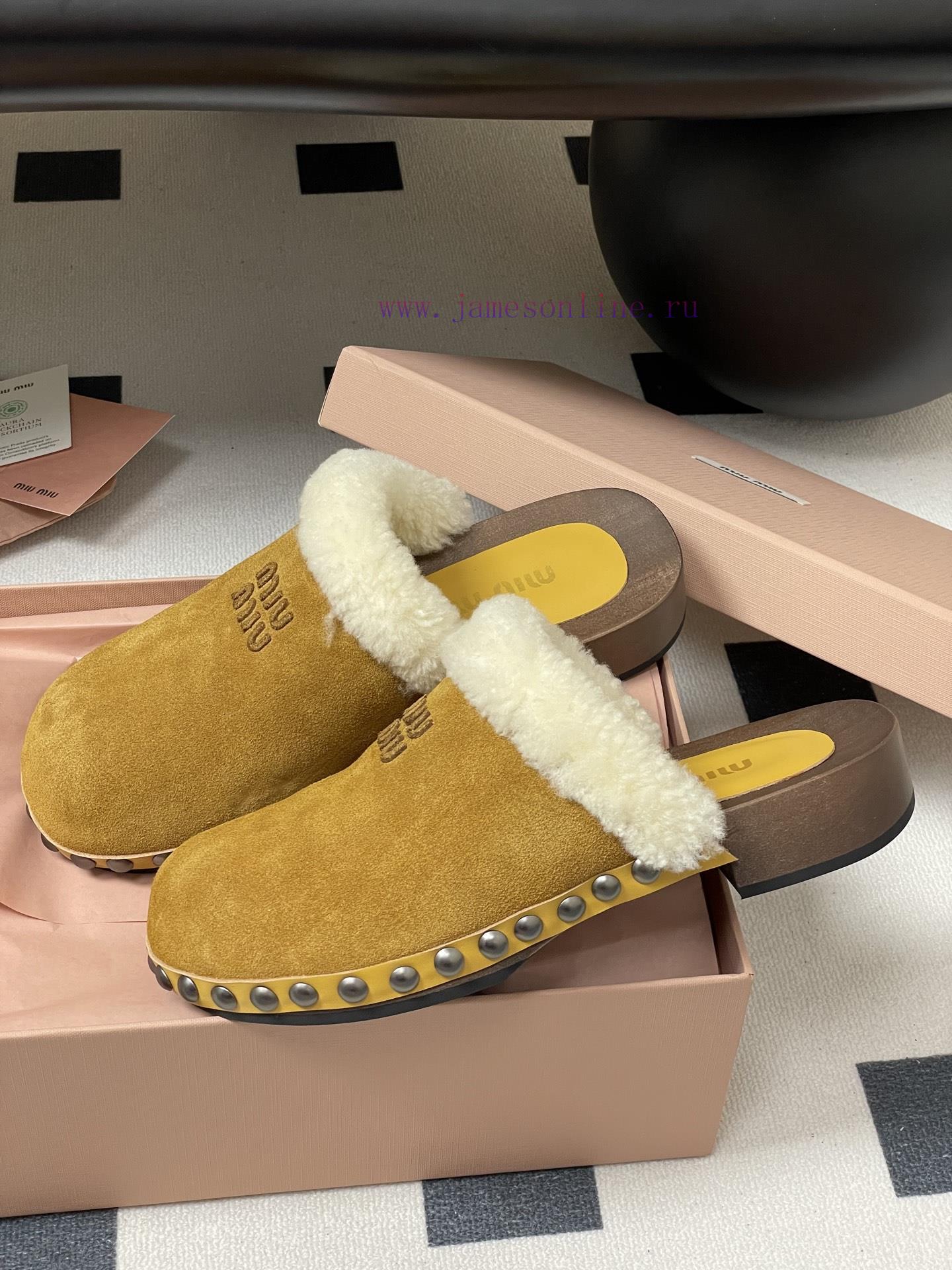 25ss Autumn/Winter Fashion MIUMIU Solid Wood Bottom Wool Half Slippers Thick Soled Mueller Shoe s153dtvq - Image 5