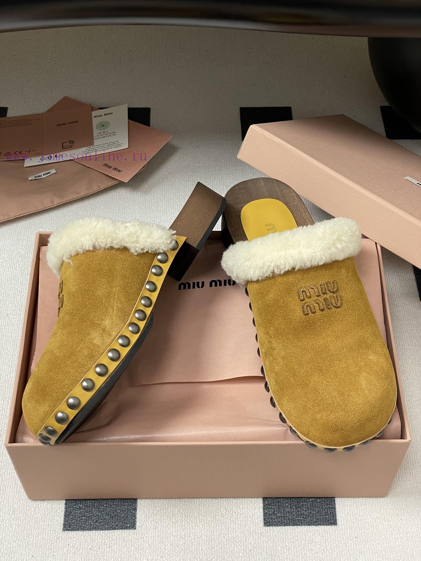 25ss Autumn/Winter Fashion MIUMIU Solid Wood Bottom Wool Half Slippers Thick Soled Mueller Shoe s153dtvq - Image 7