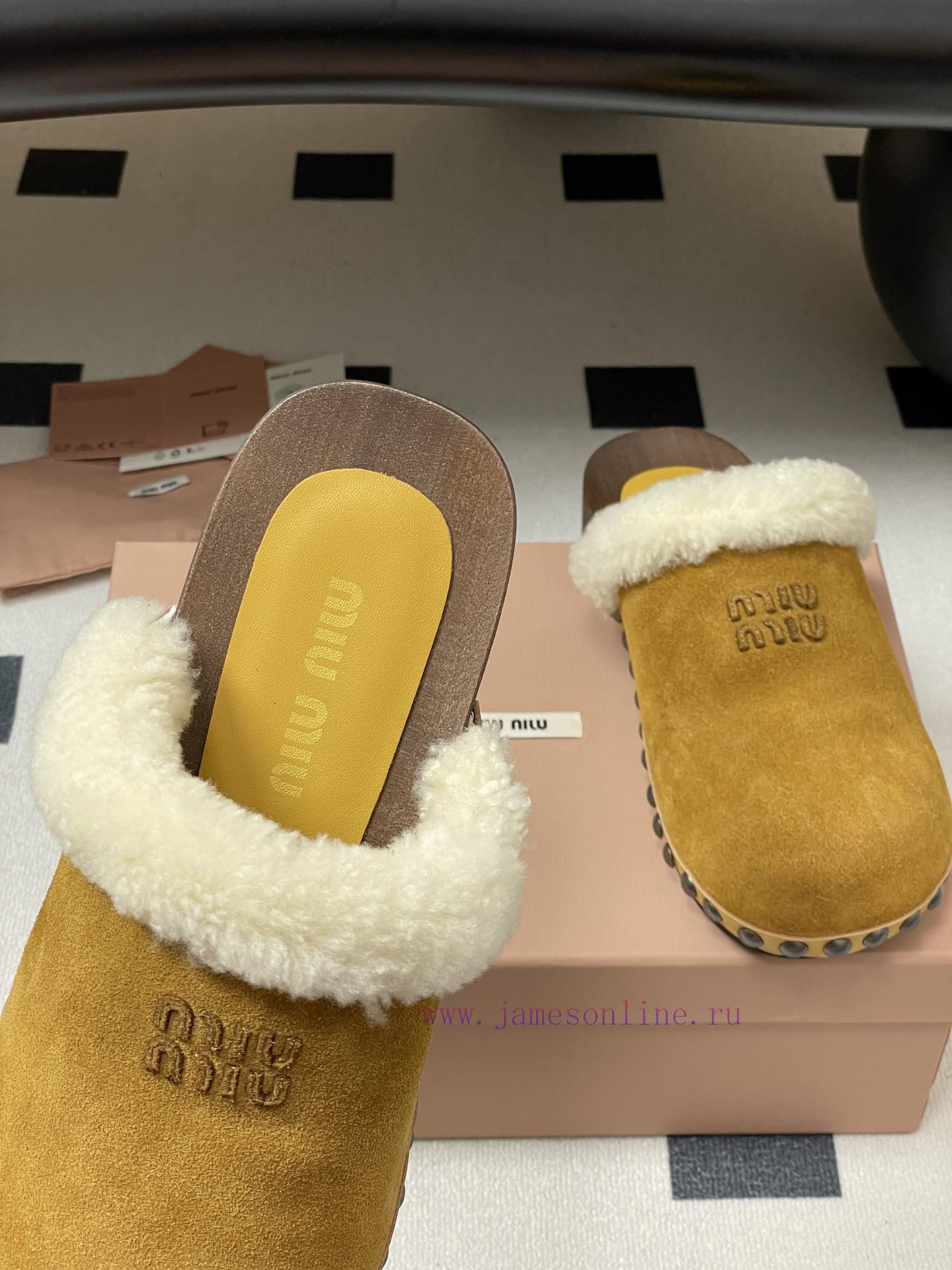 25ss Autumn/Winter Fashion MIUMIU Solid Wood Bottom Wool Half Slippers Thick Soled Mueller Shoe s153dtvq - Image 8