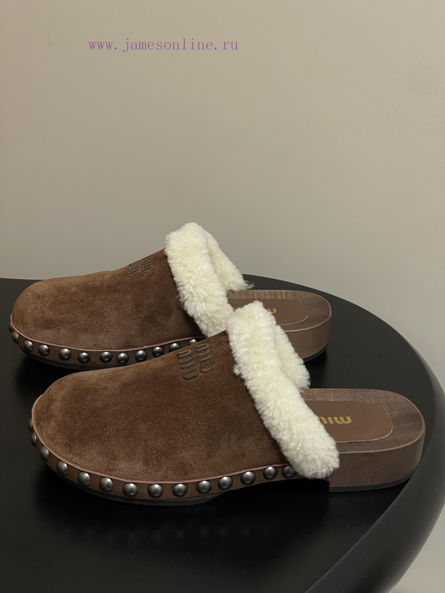 25ss Autumn/Winter Fashion MIUMIU Solid Wood Bottom Wool Half Slippers Thick Soled Mueller Shoe zuq142c1 - Image 4