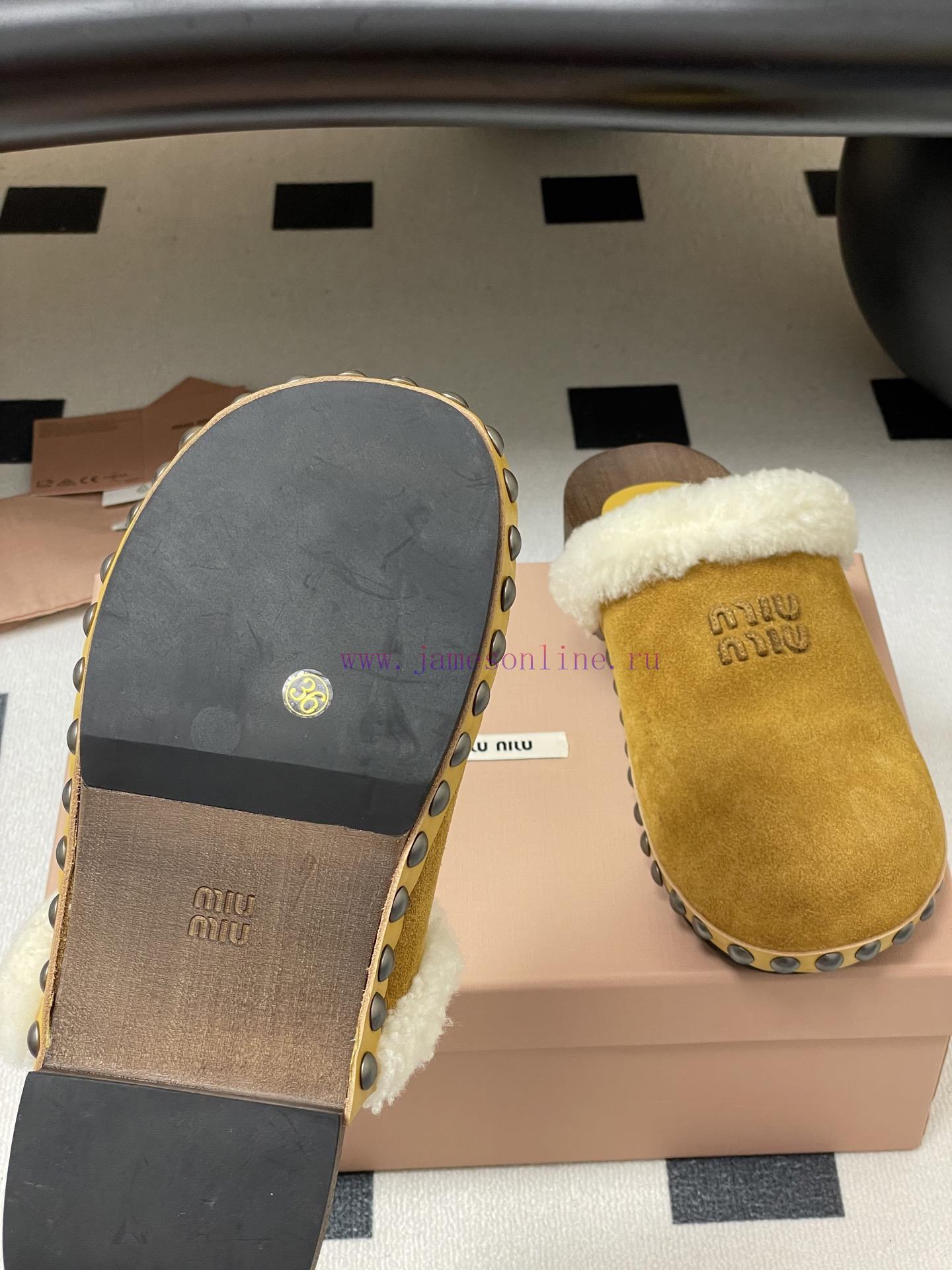 25ss Autumn/Winter Fashion MIUMIU Solid Wood Bottom Wool Half Slippers Thick Soled Mueller Shoe s153dtvq - Image 9
