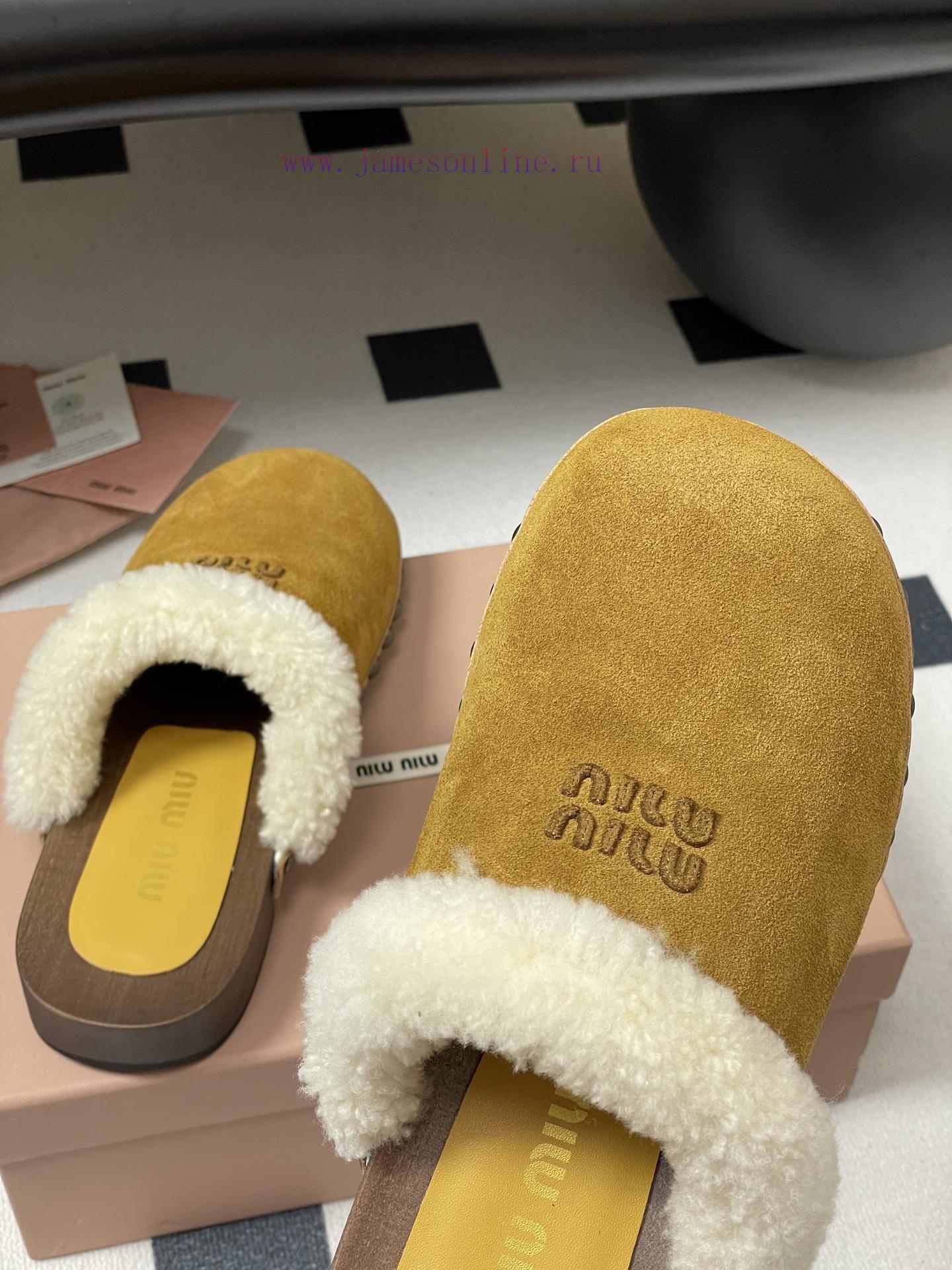 25ss Autumn/Winter Fashion MIUMIU Solid Wood Bottom Wool Half Slippers Thick Soled Mueller Shoe s153dtvq - Image 10