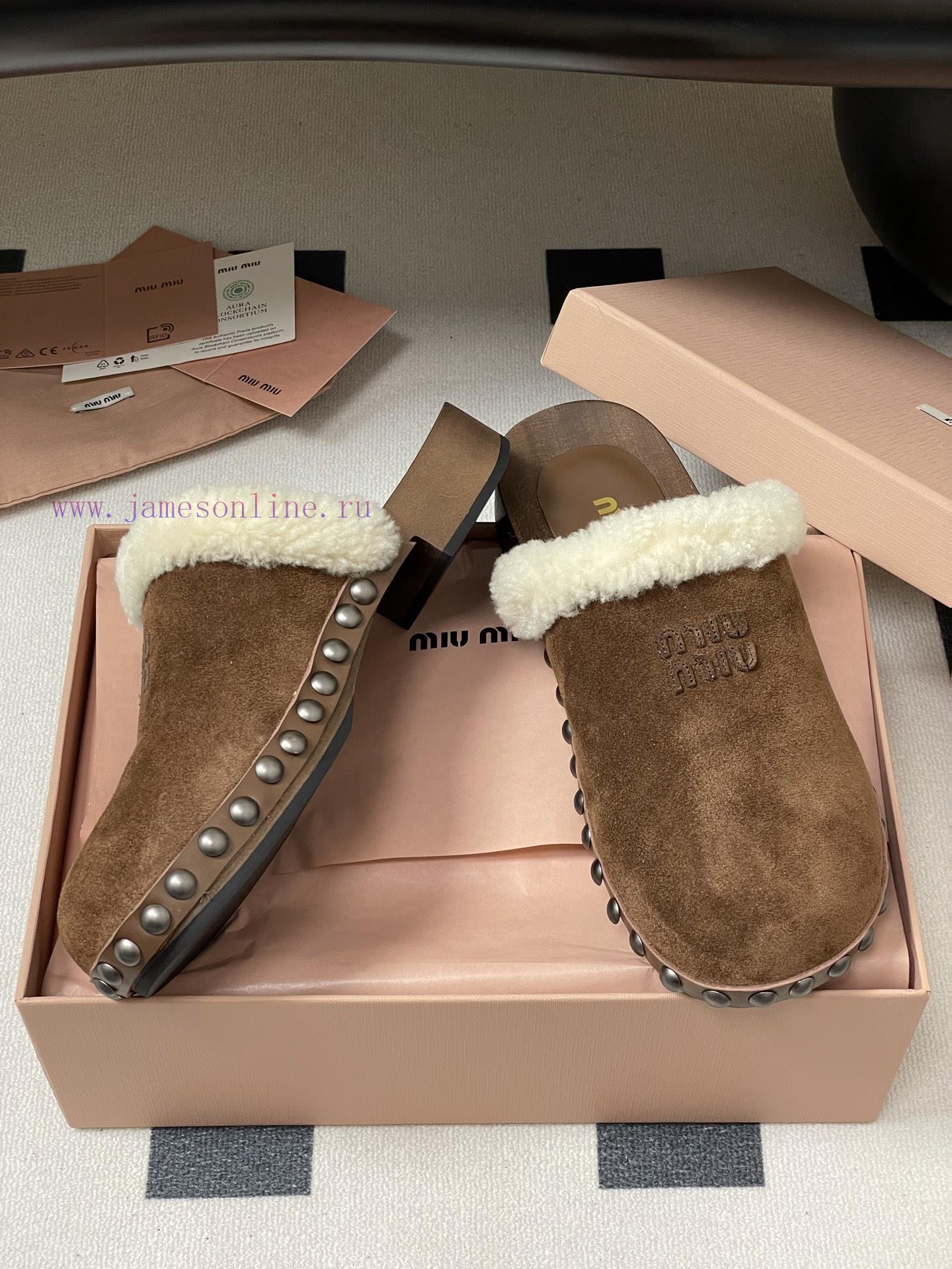 25ss Autumn/Winter Fashion MIUMIU Solid Wood Bottom Wool Half Slippers Thick Soled Mueller Shoe zuq142c1 - Image 7