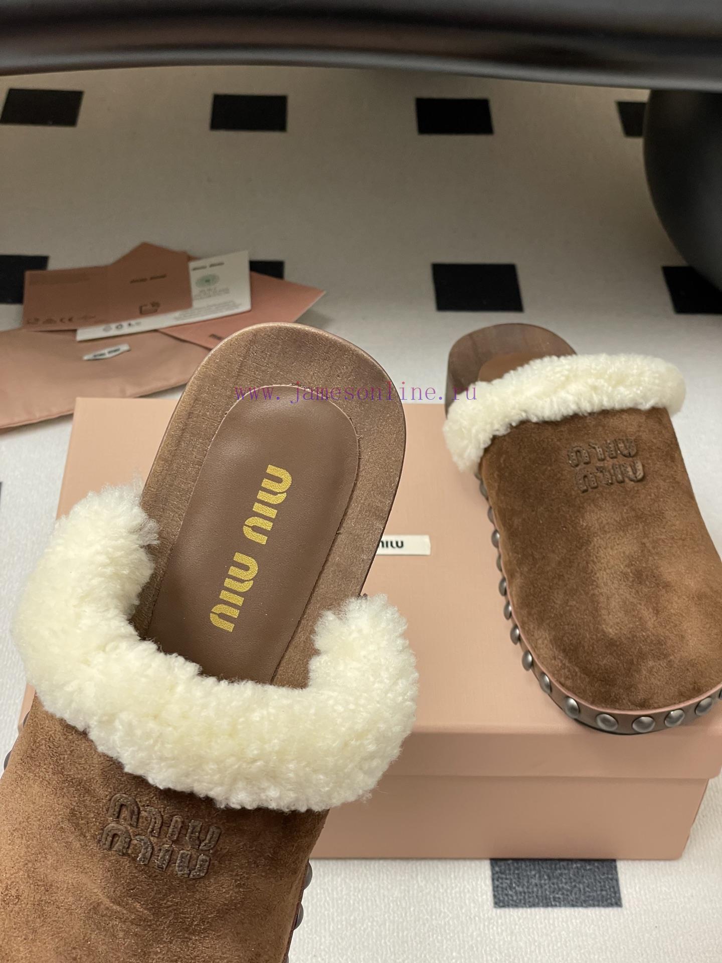 25ss Autumn/Winter Fashion MIUMIU Solid Wood Bottom Wool Half Slippers Thick Soled Mueller Shoe zuq142c1 - Image 8